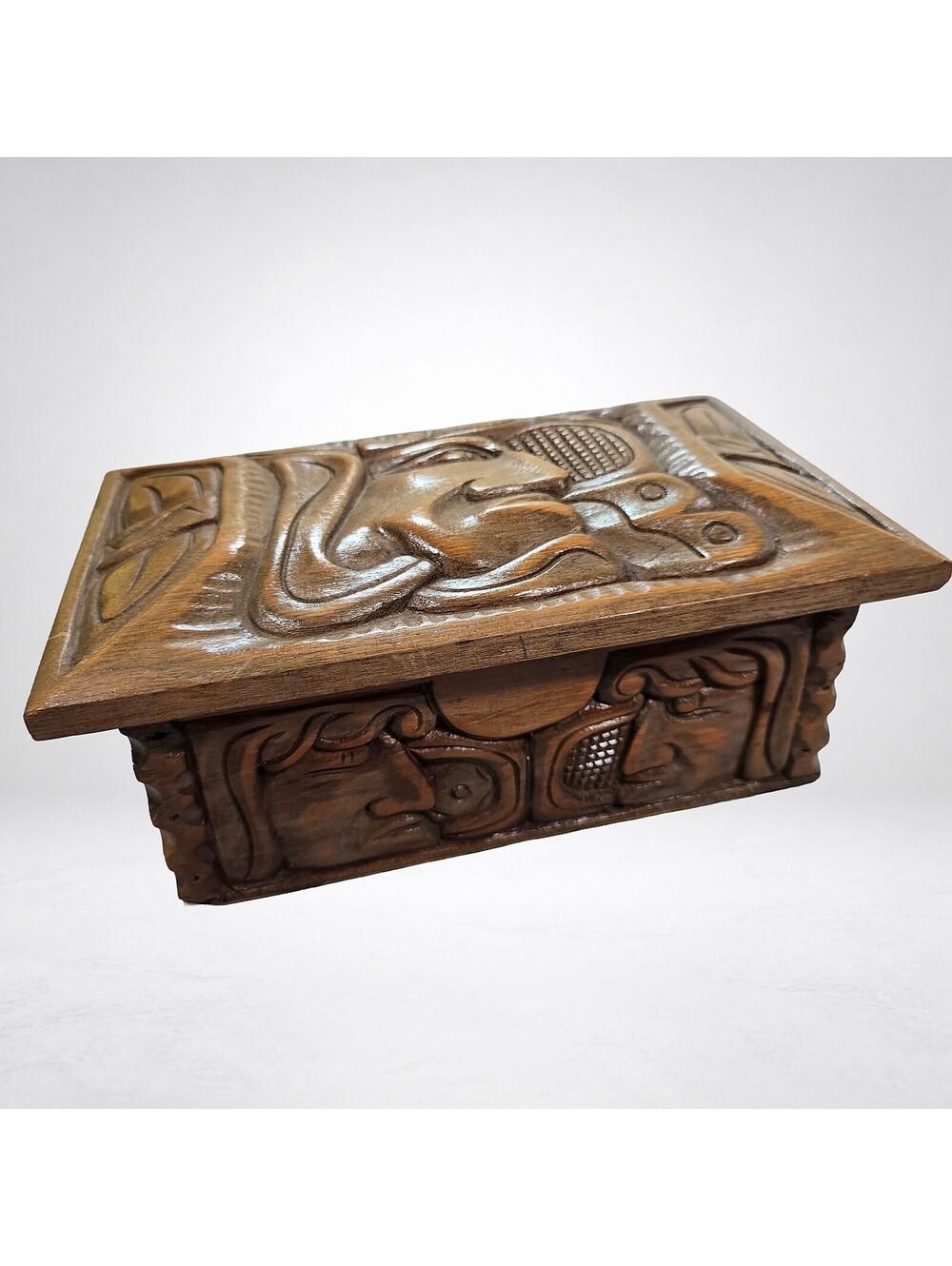 Carved Wood Jewelry Box, Felt Lined, Mayan Aztec Motif